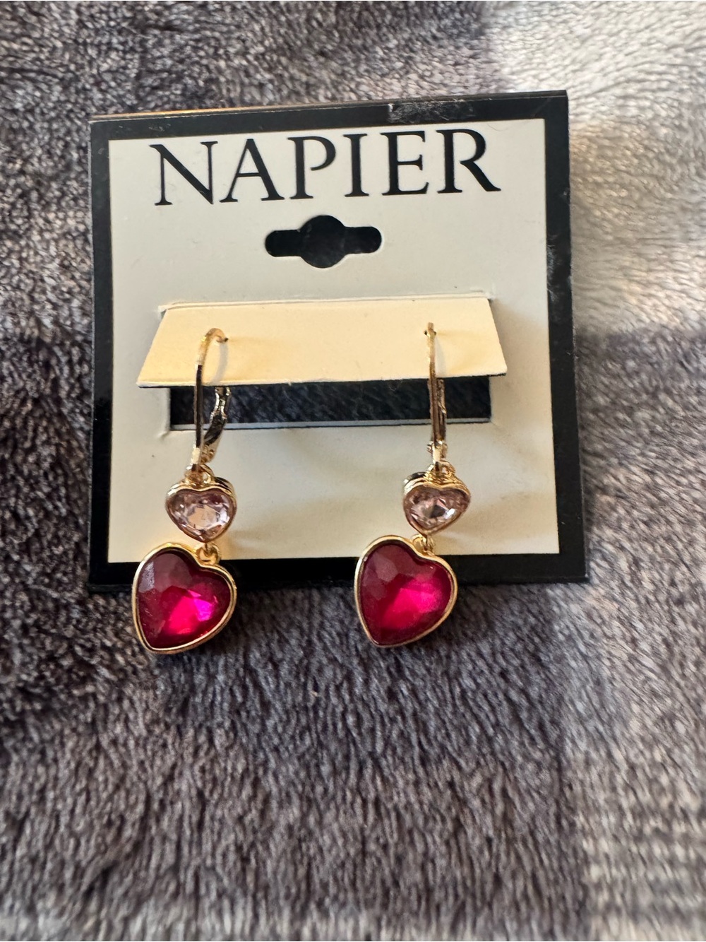 Napier Gold Heart Drop Earrings with Fuchsia and Light Pink Stones